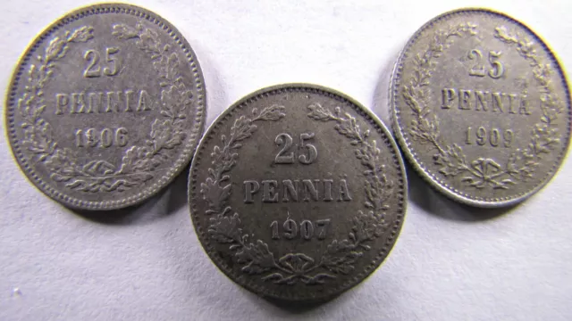 ✔ Lot of 3 Silver coins 25 Pennia 1906, 1907, 1909 Finland under Russia original