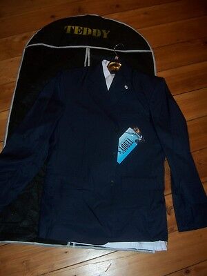 Teddys boys suit Navy Blue Jacket Pants Vest Tie Shirt Size 18 NEW garment bag