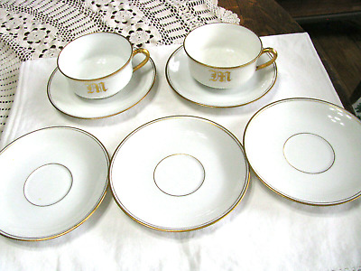 Haviland France White with Gold Trim -2 Cups and 5 Saucers-Hand Painted Stouffer