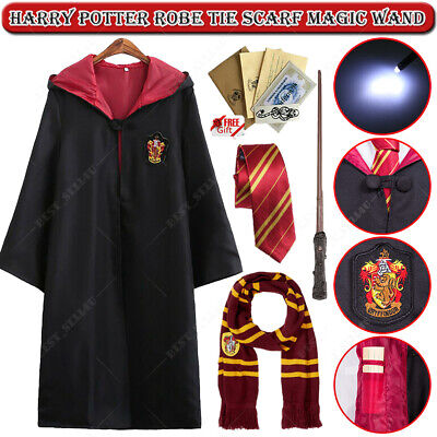Harry Potter Hermione Ron Gryffindor Robe Cloak Tie LED Magic Wand Scarf Costume