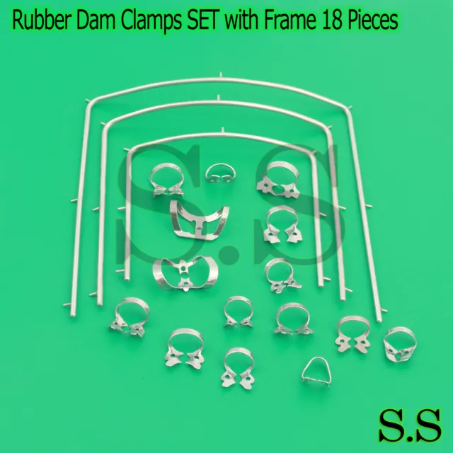New O.R Rubber Dam Clamps SET with Frame 18 Pieces Dental Surgical Instr DN-2075