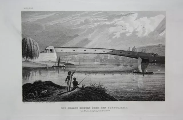 1840 Schuylkill River Brücke Philadelphia Pennsylvania Stahlstich engraving