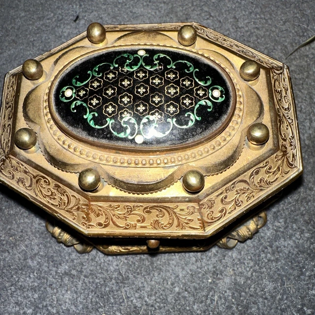 Fine Antique French Brass Enamel Top Box Sewing Etui Very Vintage
