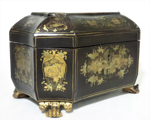 Antique Chinese Gilt Lacquered Tea Caddy w/ Pewter Containers 2