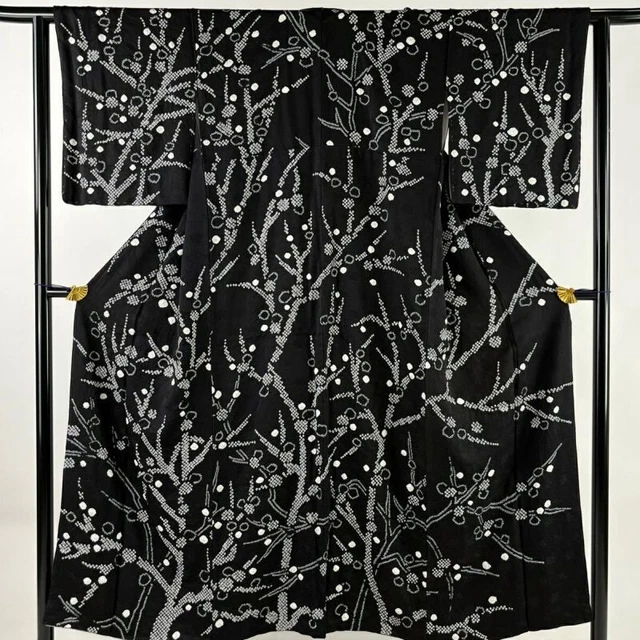 Woman Japanese Kimono Tsukesage Silk Tree Ground Pattern Shibori Black