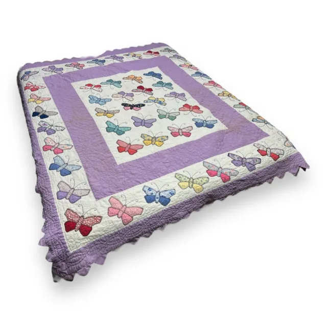 Vtg Purple Appliquéd Butterfly Quilt Hand/Machine Stitched Multicolor 70x78”