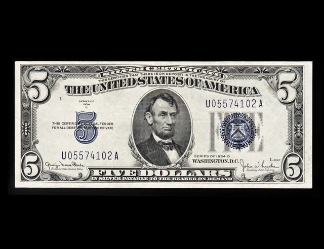 1934 ✪ 5 Five Dollar Note, Silver Certificate ✪ AU-UNC ✪ ◢Free-Shipping◣