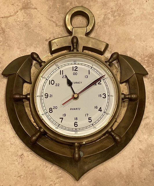 VINTAGE ACCURACY NAUTICAL Time Clock Heavy Brass Style Ships Wheel