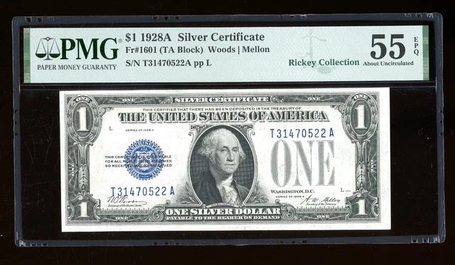 DBR 1928-A $1 Silver Funnyback Fr. 1601 TA Block PMG 55 EPQ Serial T31470522A