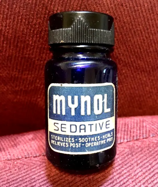 Antique Vtg Dental Medicine Bottle: Mynol Sedative, Cobalt Blue , Anesthetic.