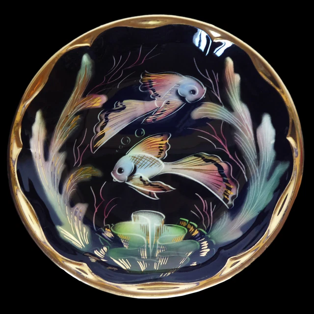 COUPE vintage en faïence CERMONAC de MONACO décor main sous marin poissons et or