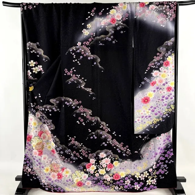 Japanese kimono SILK"FURISODE" long sleeves,GLD leaf,SAKURA,TEMARI ,L5'6"..3717