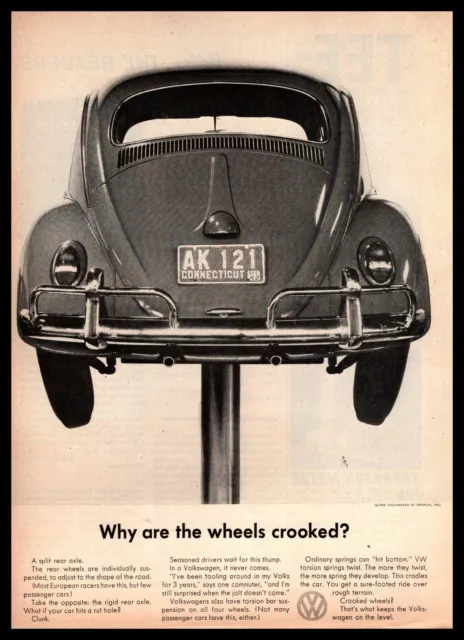 1962 VW Beetle "Why Are The Wheels Crooked?" Connecticut License Plates Print Ad