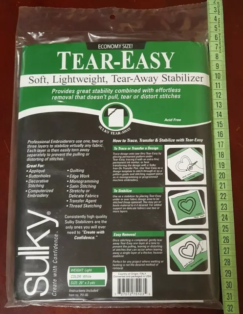 Sulky Tear-Easy -  Soft, light weight, tear-away stabilizer - WHITE 20" x 3 yds