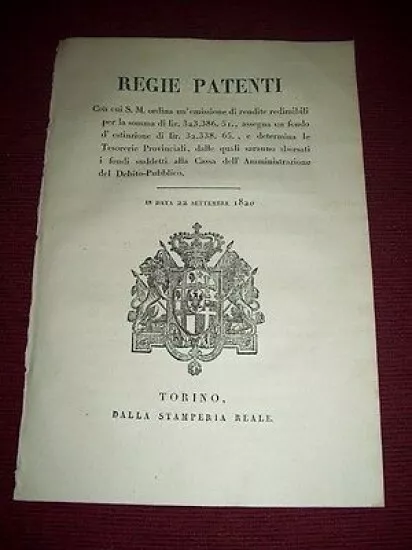 Regno di Sardegna Torino Regie Patenti Emissione di Rendite Redimibili 1820