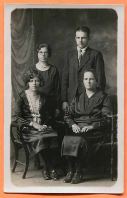 Crystal Falls, MI, Portrait of Mother & Grown Children Real Photo Postcard 1910s