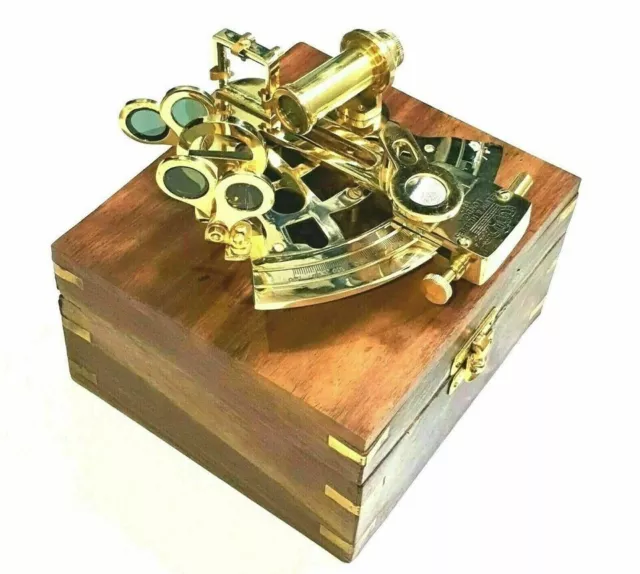 Brass Vintage Style Polish Finish Navigation Nautical Marine Sextant Wooden Box