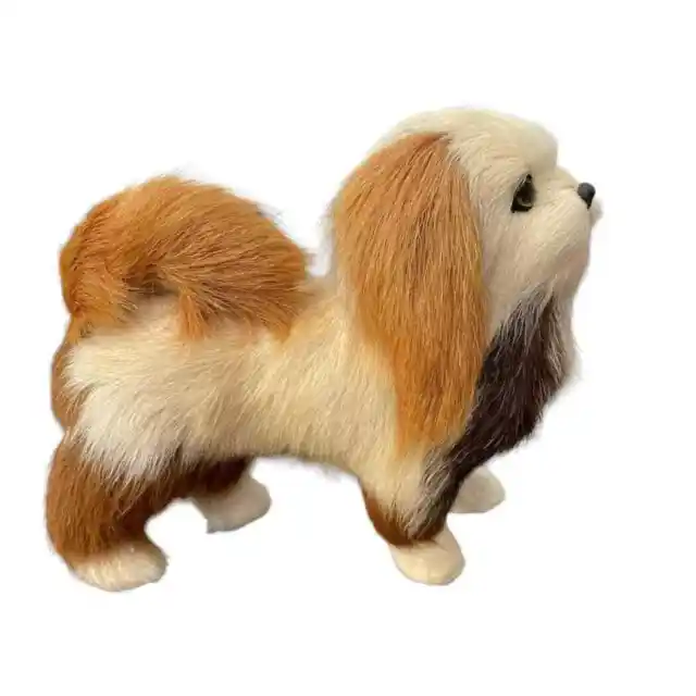 Real Fur Pekingese Dog Figure Lhasa Apso Realistic Collectible Puppy Tri Color