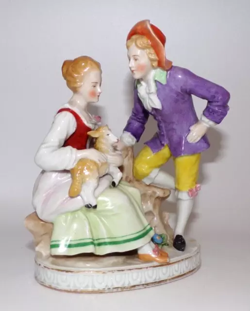 Antique German Sitzendorf Porcelain Figure Courting Couple Girl With Lamb