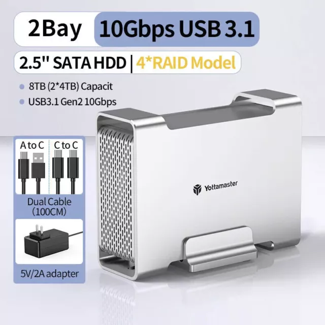 Yottamaster 2 Bay RAID Type C Hard Drive Enclosure For 2.5" SATA HDD SSD 10 Gbps