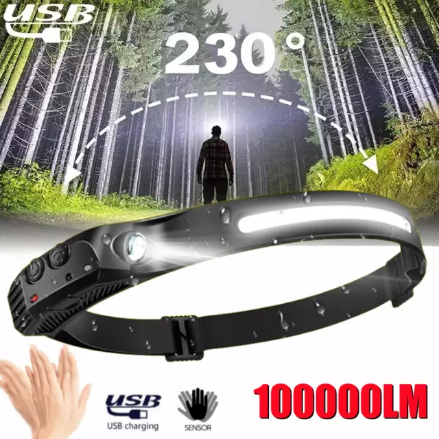 LED COB Head Torch Rechargeable Waterproof Headlamp Motion Sensor Headlight USB