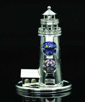 Swarovski Color Crystal Elements Studded Lighthouse Figurine Silver Plated