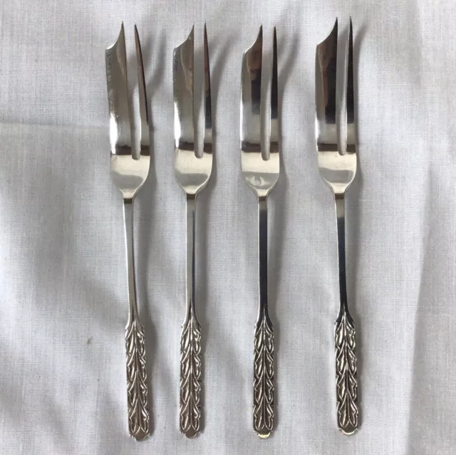 Four 1927 Liberty & Co Solid Silver Art Deco Pastry Forks, Acanthus Handle