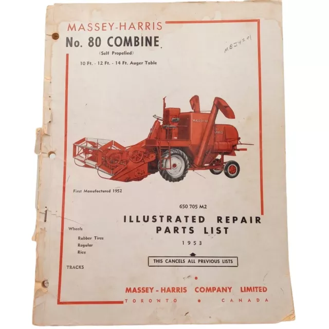 Massey Harris No 80 Combine Illustrated Repair Parts List 1953 Manual Vintage Tr