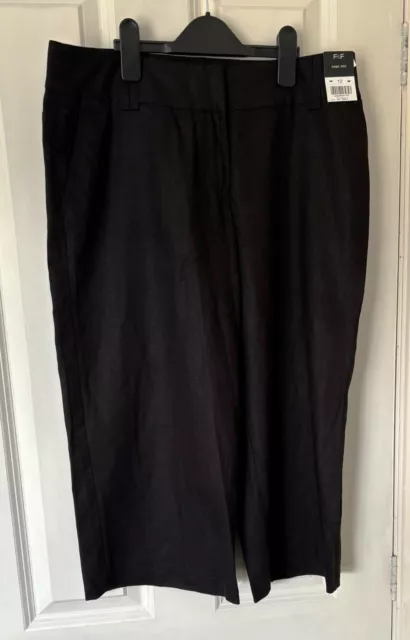 Womens Cropped Wide Leg Trousers Linen Rich Black Size 12