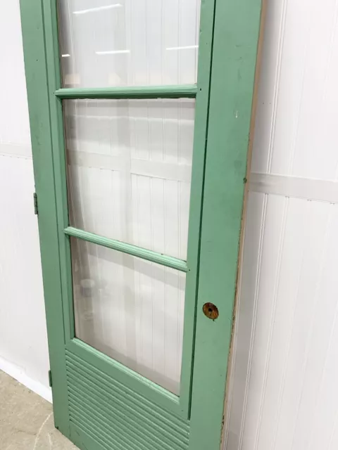 Vtg Green Wood Storm Door 3 Glass Pane Architectural Salvage Farmhouse Reclaimed