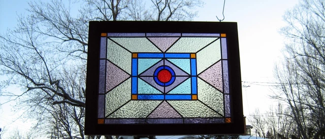 large leaded framed stained glass window panel art* rustic antique frame decor