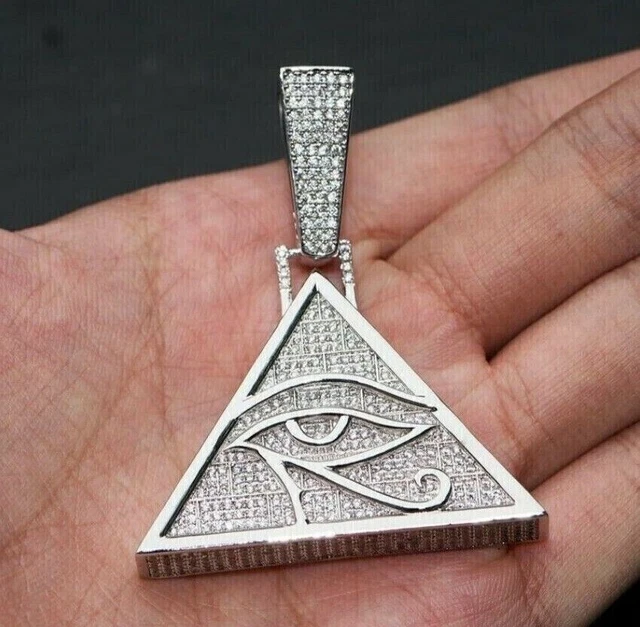 Evil Eye Ankh Triangle Iced Pendant Natural Moissanite 14k White Gold Plated