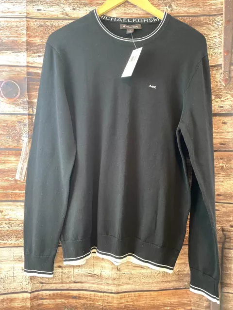 Michael Kors NWT Mens Fine Knit Crew Neck Sweater Black w White Accent Mens Sz M