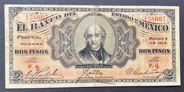 *Awesome* 1914 2 Pesos El Banco Del Estado Mexico Choice Mid Grade M-405