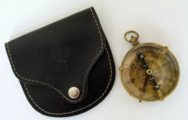 Antique Brass Vintage Dollond London Flat Pocket Compass With Leather Case gift