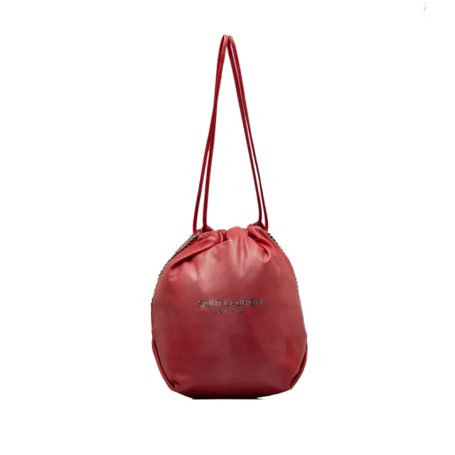 Authenticated Saint Laurent Small Teddy Red Calf Leather Bucket Bag