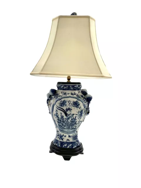 Oriental White Blue Lamp with Bird & Flower Porcelain Design Vintage Decor