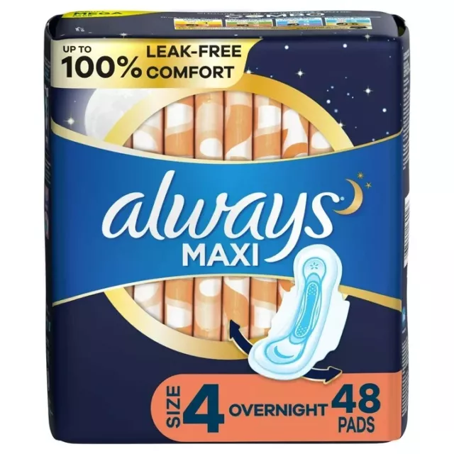 Always Maxi Pads Size 4 Overnight Absorbency Unscented without Wings, 28 Count