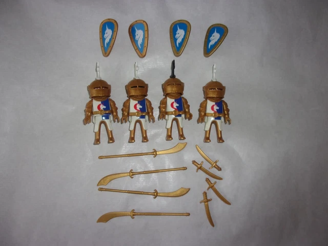 Lot De Playmobil  * 4 Chevaliers De La Licorne Doree Et Blanche + Accessoires *