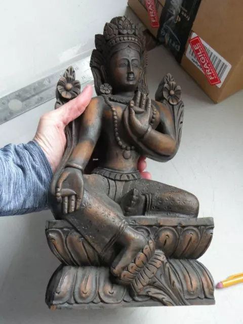 Vintage Hand Carved Wood Green Tara Buddha Sculpture Statue 12.5" x 6" Estate