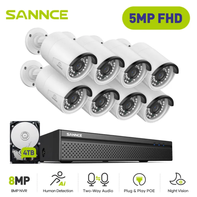 SANNCE 4K 8CH NVR 3MP 5MP POE AI Security IP Camera System Outdoor Two Way Audio