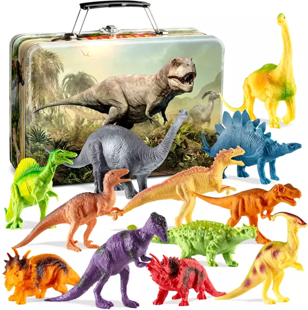 Set of 12- PlayBea 7-Inch Dinosaurs Figures w/Metal Storage Box for Children 3+