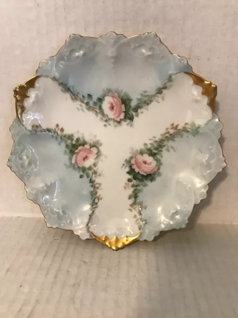 Vintage M Z Austria Moritz Zdekauer Blue & White Porcelain Plate Pink Roses