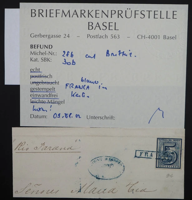 Uruguay, 5 C. ultramarin, Luxus-Briefteil, blauer R1 "FRANCA". Befund BPSB.