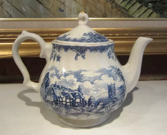 Churchill Blue & White Teapot Stamped Made In Romania Gold Accent Beautiful