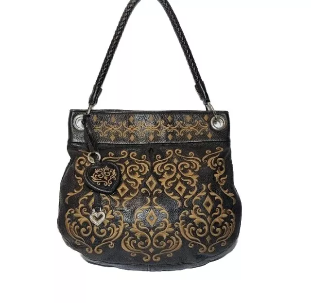 Brighton Rare Masterpiece Embroidered Brocade Blk/Brown Shoulder Handbag Mrp$320 3