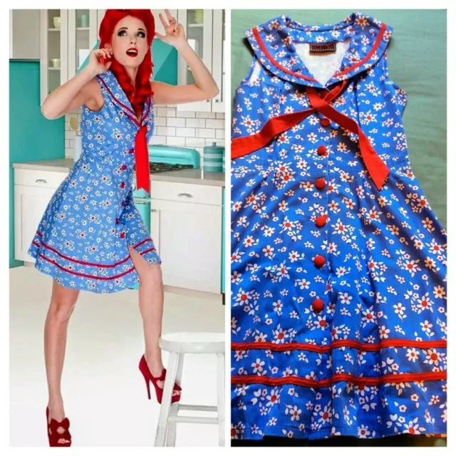 New VOODOO VIXEN Retro Style Fit & Flare Dress Sailor Collar Daisy 🏖️ Sz XS/S