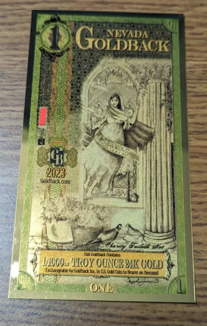 1 Nevada Goldback 24KT 1/1000th Oz 999 Gold Foil Note Currency Gold Back