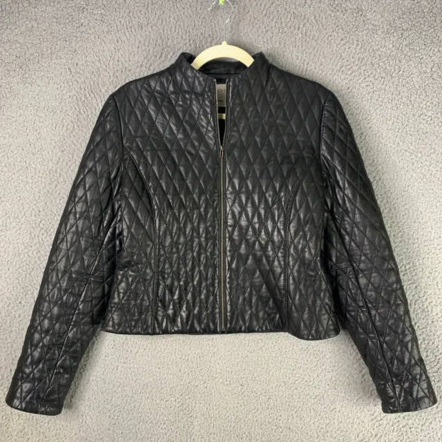 Vintage Jones New York Leather Jacket Womens Size 6 Black Quilted Moto Crop Zip