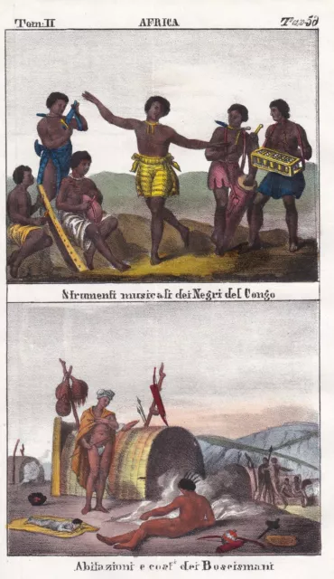 Congo Kongo Botswana Africa Afrika Afrique music instruments Lithographie 1840